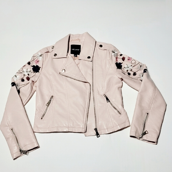 Me Jane Blush Pink Faux Leather Aviator Jacket Floral Embroidered (M/10 Girls) - Picture 8 of 14